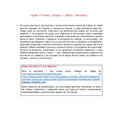 Inglés 1 medio-Unidad 1-OA5;6-Actividad 1 Inglés 1 medio-Unidad 1-OA5;6-Actividad 1
