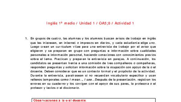 Inglés 1 medio-Unidad 1-OA5;6-Actividad 1 Inglés 1 medio-Unidad 1-OA5;6-Actividad 1