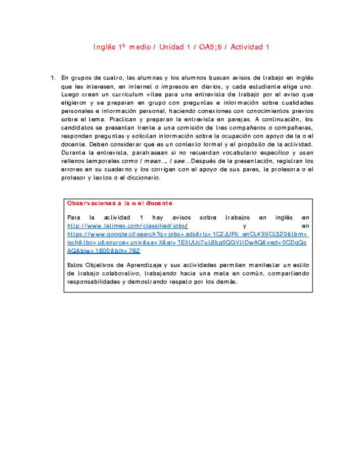 Inglés 1 medio-Unidad 1-OA5;6-Actividad 1 Inglés 1 medio-Unidad 1-OA5;6-Actividad 1