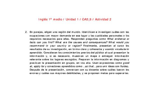 Inglés 1 medio-Unidad 1-OA5;6-Actividad 2 Inglés 1 medio-Unidad 1-OA5;6-Actividad 2