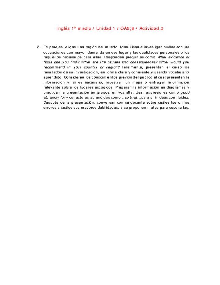 Inglés 1 medio-Unidad 1-OA5;6-Actividad 2 Inglés 1 medio-Unidad 1-OA5;6-Actividad 2