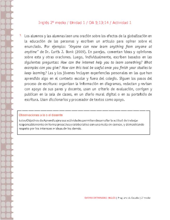 Inglés 2 medio-Unidad 1-OA9;13;14-Actividad 1 Inglés 2 medio-Unidad 1-OA9;13;14-Actividad 1