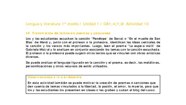 Lengua y Literatura 1 medio-Unidad 1-OA1;4;7;8-Actividad 10 Lengua y Literatura 1 medio-Unidad 1-OA1;4;7;8-Actividad 10