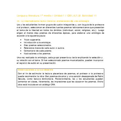 Lengua y Literatura 1 medio-Unidad 1-OA1;4;7;8-Actividad 11 Lengua y Literatura 1 medio-Unidad 1-OA1;4;7;8-Actividad 11