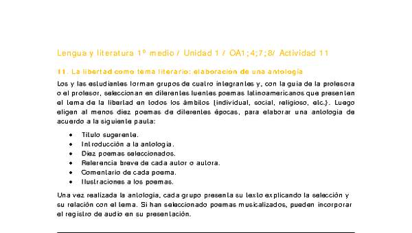 Lengua y Literatura 1 medio-Unidad 1-OA1;4;7;8-Actividad 11 Lengua y Literatura 1 medio-Unidad 1-OA1;4;7;8-Actividad 11