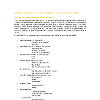 Lengua y Literatura 1 medio-Unidad 1-OA1;4;7;8-Actividad 9 Lengua y Literatura 1 medio-Unidad 1-OA1;4;7;8-Actividad 9