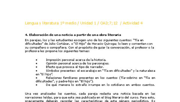 Lengua y Literatura 1 medio-Unidad 1-OA3;7;12-Actividad 4 Lengua y Literatura 1 medio-Unidad 1-OA3;7;12-Actividad 4