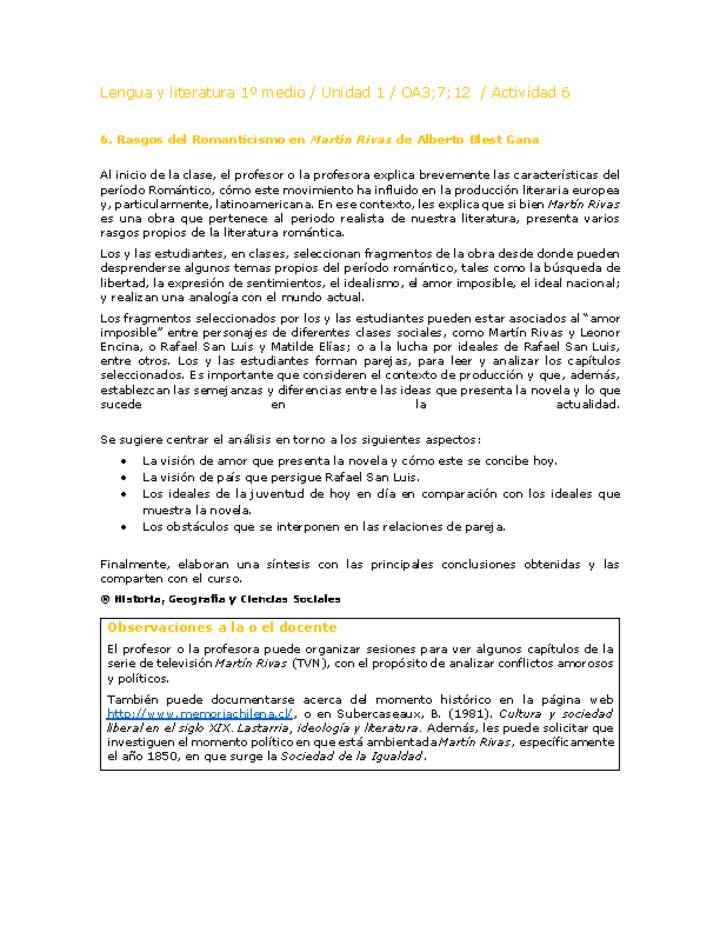 Lengua y Literatura 1 medio-Unidad 1-OA3;7;12-Actividad 6 Lengua y Literatura 1 medio-Unidad 1-OA3;7;12-Actividad 6