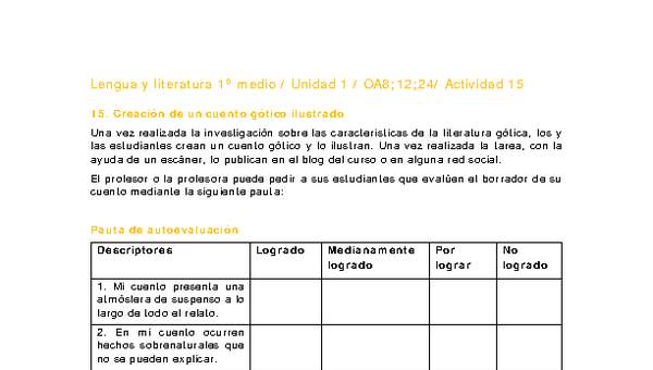 Lengua y Literatura 1 medio-Unidad 1-OA8;12;24-Actividad 15 Lengua y Literatura 1 medio-Unidad 1-OA8;12;24-Actividad 15