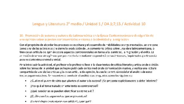 Lengua y Literatura 2 medio-Unidad 1-OA3;7;11-Actividad 10 Lengua y Literatura 2 medio-Unidad 1-OA3;7;11-Actividad 10