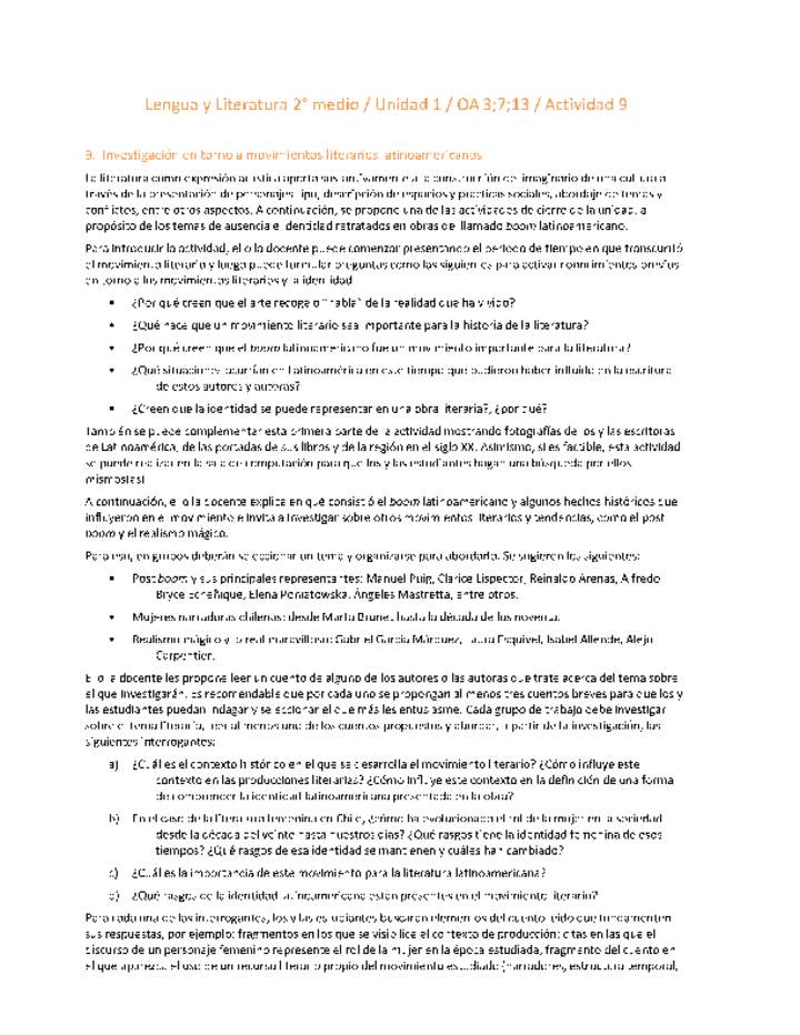 Lengua y Literatura 2 medio-Unidad 1-OA3;7;11-Actividad 9 Lengua y Literatura 2 medio-Unidad 1-OA3;7;11-Actividad 9