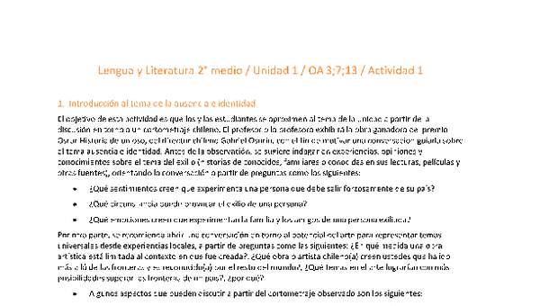 Lengua y Literatura 2 medio-Unidad 1-OA3;7;13-Actividad 1 Lengua y Literatura 2 medio-Unidad 1-OA3;7;13-Actividad 1