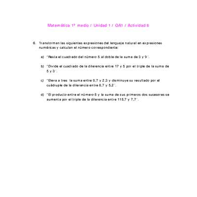 Matemática 1 medio-Unidad 1-OA1-Actividad 6 Matemática 1 medio-Unidad 1-OA1-Actividad 6
