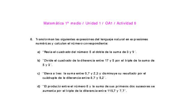 Matemática 1 medio-Unidad 1-OA1-Actividad 6 Matemática 1 medio-Unidad 1-OA1-Actividad 6