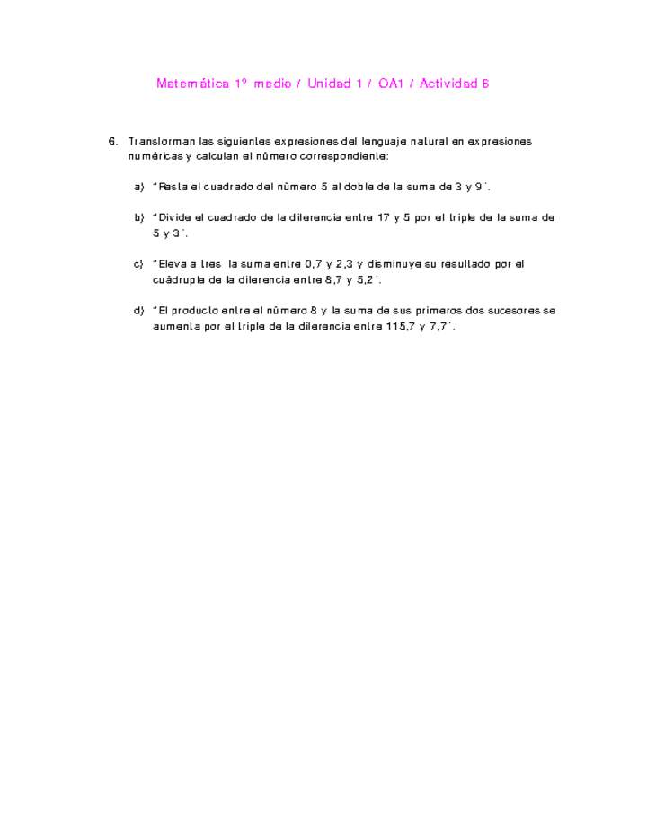 Matemática 1 medio-Unidad 1-OA1-Actividad 6 Matemática 1 medio-Unidad 1-OA1-Actividad 6