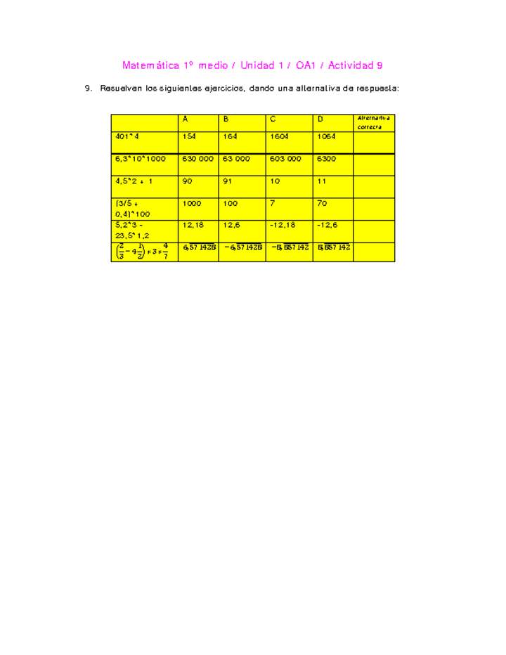 Matemática 1 medio-Unidad 1-OA1-Actividad 9 Matemática 1 medio-Unidad 1-OA1-Actividad 9