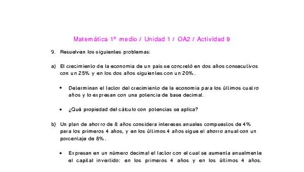 Matemática 1 medio-Unidad 1-OA2-Actividad 9 Matemática 1 medio-Unidad 1-OA2-Actividad 9
