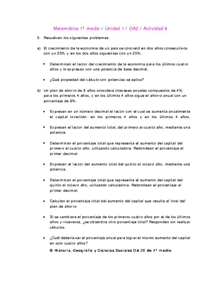 Matemática 1 medio-Unidad 1-OA2-Actividad 9 Matemática 1 medio-Unidad 1-OA2-Actividad 9