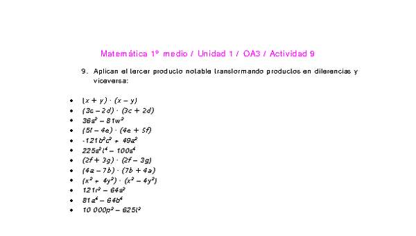 Matemática 1 medio-Unidad 1-OA3-Actividad 9 Matemática 1 medio-Unidad 1-OA3-Actividad 9