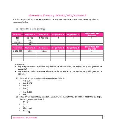 Matemática 2 medio-Unidad 1-OA2-Actividad 5 Matemática 2 medio-Unidad 1-OA2-Actividad 5