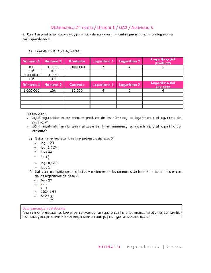 Matemática 2 medio-Unidad 1-OA2-Actividad 5 Matemática 2 medio-Unidad 1-OA2-Actividad 5