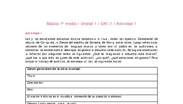 Artes Musicales 1 medio-Unidad 1-OA1;7-Actividad 1 Artes Musicales 1 medio-Unidad 1-OA1;7-Actividad 1