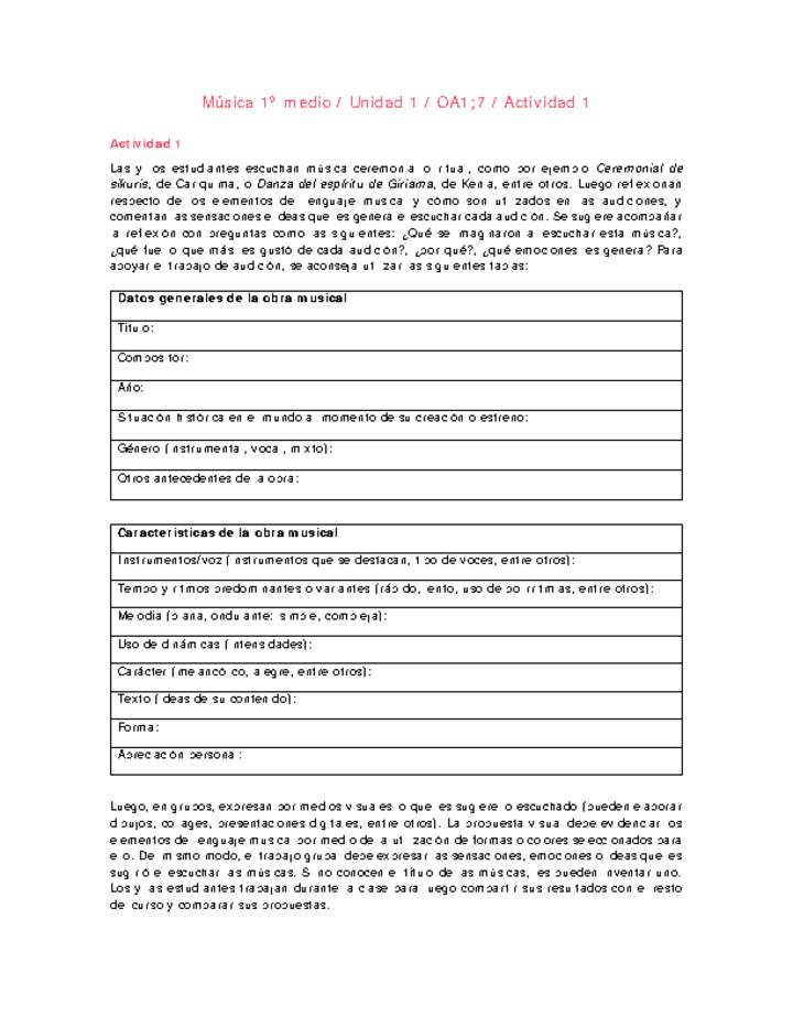 Artes Musicales 1 medio-Unidad 1-OA1;7-Actividad 1 Artes Musicales 1 medio-Unidad 1-OA1;7-Actividad 1