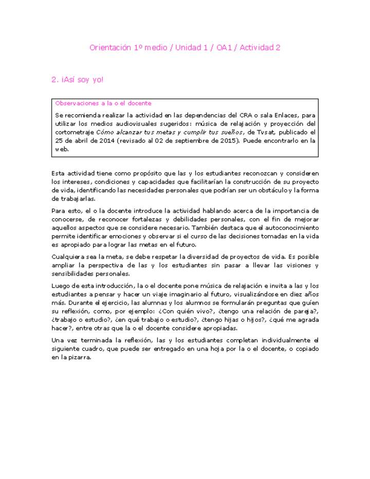 Orientación 1 medio-Unidad 1-OA1-Actividad 2 Orientación 1 medio-Unidad 1-OA1-Actividad 2