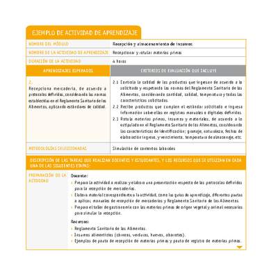 Recepcionar y rotular materias primas Recepcionar y rotular materias primas