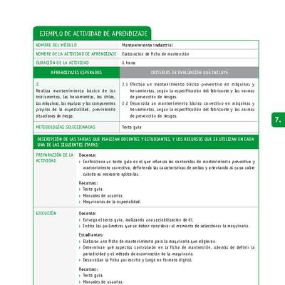 Elaboración de ficha de mantención Elaboración de ficha de mantención