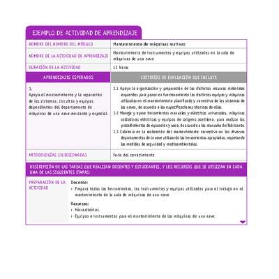 Mantenimiento de instrumentos y equipos utilizados en la sala de máquinas de una nave Mantenimiento de instrumentos y equipos utilizados en la sala de máquinas de una nave