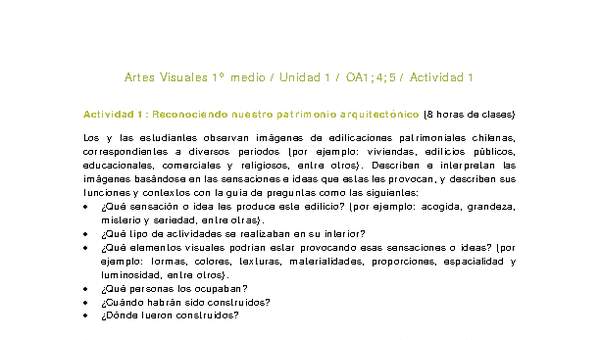Artes Visuales 1 medio-Unidad 2-OA1;4;5-Actividad 1 Artes Visuales 1 medio-Unidad 2-OA1;4;5-Actividad 1