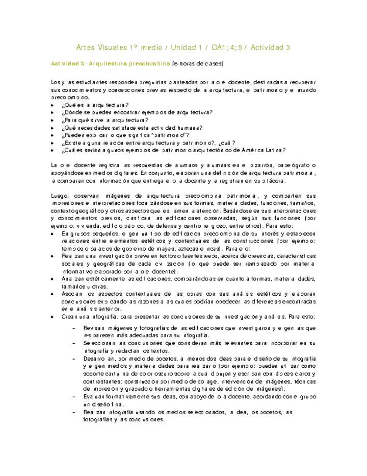 Artes Visuales 1 medio-Unidad 2-OA1;4;5-Actividad 3 Artes Visuales 1 medio-Unidad 2-OA1;4;5-Actividad 3