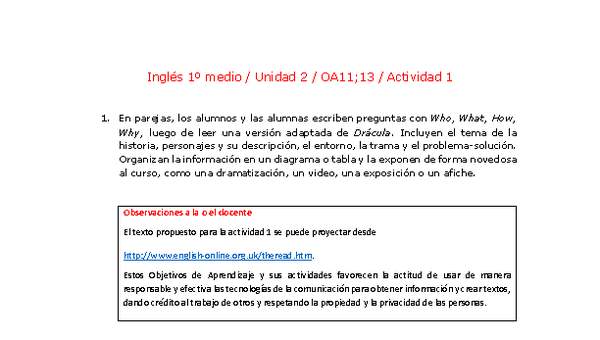 Inglés 1 medio-Unidad 2-OA11;13-Actividad 1 Inglés 1 medio-Unidad 2-OA11;13-Actividad 1