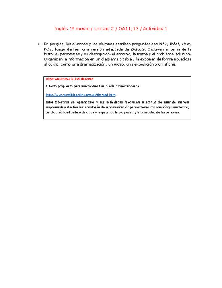 Inglés 1 medio-Unidad 2-OA11;13-Actividad 1 Inglés 1 medio-Unidad 2-OA11;13-Actividad 1