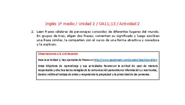 Inglés 1 medio-Unidad 2-OA11;13-Actividad 2 Inglés 1 medio-Unidad 2-OA11;13-Actividad 2