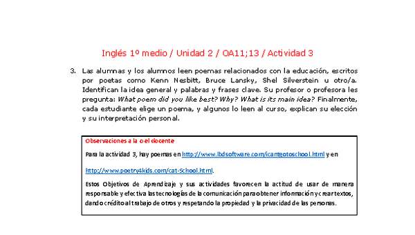 Inglés 1 medio-Unidad 2-OA11;13-Actividad 3 Inglés 1 medio-Unidad 2-OA11;13-Actividad 3