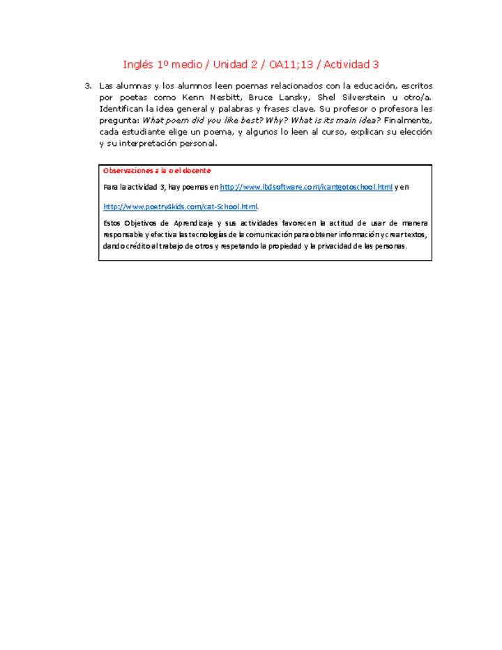 Inglés 1 medio-Unidad 2-OA11;13-Actividad 3 Inglés 1 medio-Unidad 2-OA11;13-Actividad 3