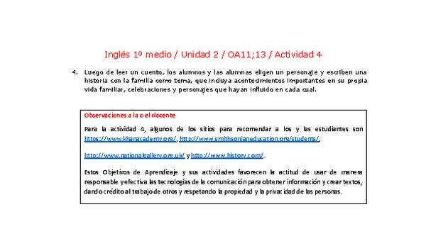 Inglés 1 medio-Unidad 2-OA11;13-Actividad 4 Inglés 1 medio-Unidad 2-OA11;13-Actividad 4
