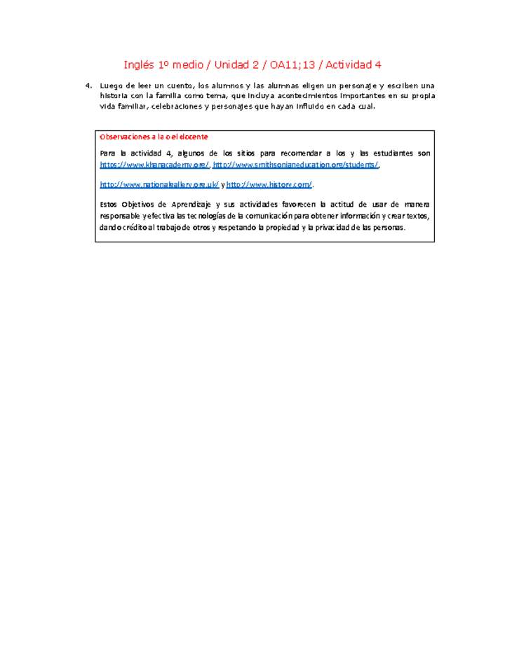 Inglés 1 medio-Unidad 2-OA11;13-Actividad 4 Inglés 1 medio-Unidad 2-OA11;13-Actividad 4