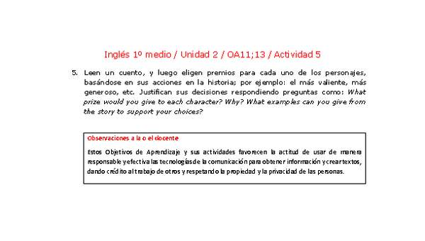 Inglés 1 medio-Unidad 2-OA11;13-Actividad 5 Inglés 1 medio-Unidad 2-OA11;13-Actividad 5