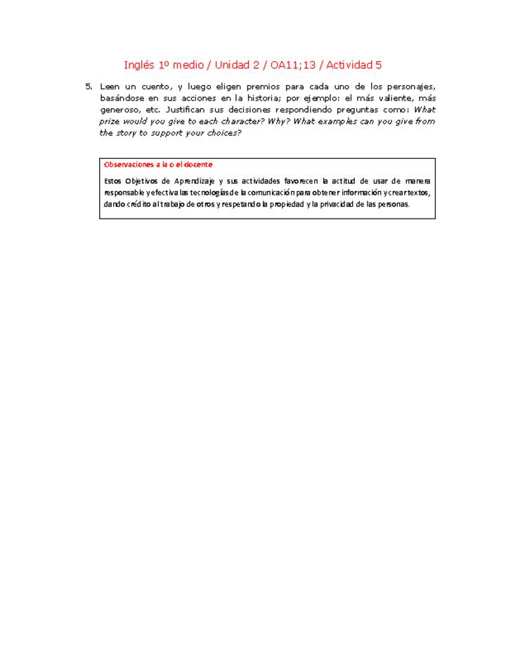 Inglés 1 medio-Unidad 2-OA11;13-Actividad 5 Inglés 1 medio-Unidad 2-OA11;13-Actividad 5