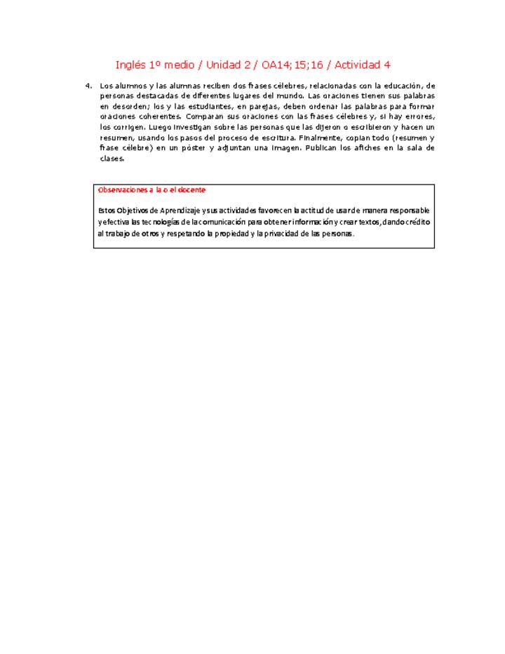 Inglés 1 medio-Unidad 2-OA14;15;16-Actividad 4 Inglés 1 medio-Unidad 2-OA14;15;16-Actividad 4