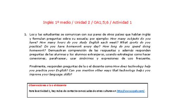 Inglés 1 medio-Unidad 2-OA1;5;6-Actividad 1 Inglés 1 medio-Unidad 2-OA1;5;6-Actividad 1