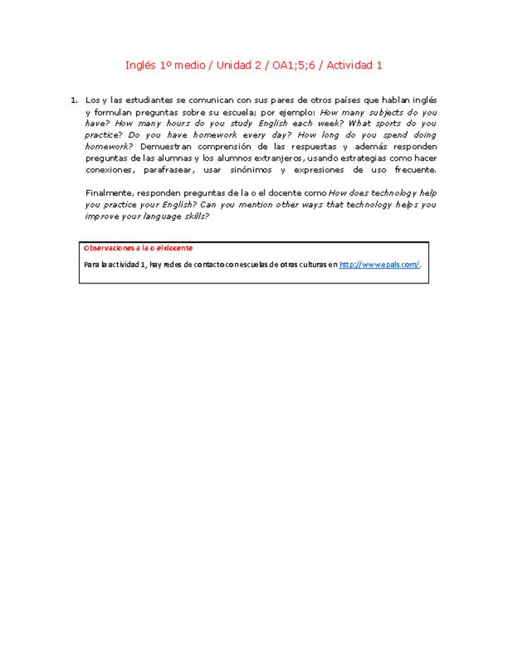 Inglés 1 medio-Unidad 2-OA1;5;6-Actividad 1 Inglés 1 medio-Unidad 2-OA1;5;6-Actividad 1