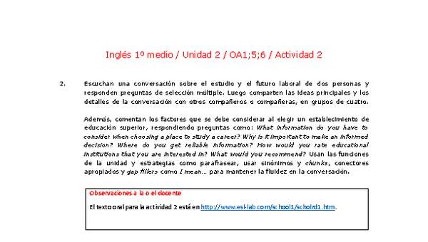 Inglés 1 medio-Unidad 2-OA1;5;6-Actividad 2 Inglés 1 medio-Unidad 2-OA1;5;6-Actividad 2