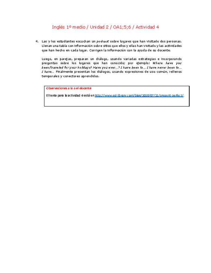 Inglés 1 medio-Unidad 2-OA1;5;6-Actividad 4 Inglés 1 medio-Unidad 2-OA1;5;6-Actividad 4