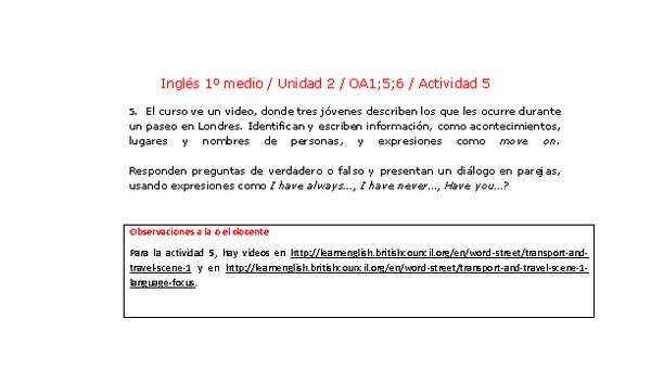 Inglés 1 medio-Unidad 2-OA1;5;6-Actividad 5 Inglés 1 medio-Unidad 2-OA1;5;6-Actividad 5
