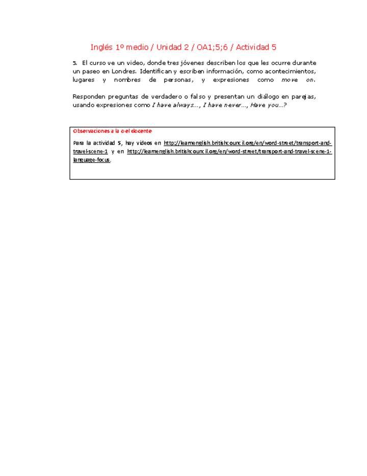 Inglés 1 medio-Unidad 2-OA1;5;6-Actividad 5 Inglés 1 medio-Unidad 2-OA1;5;6-Actividad 5