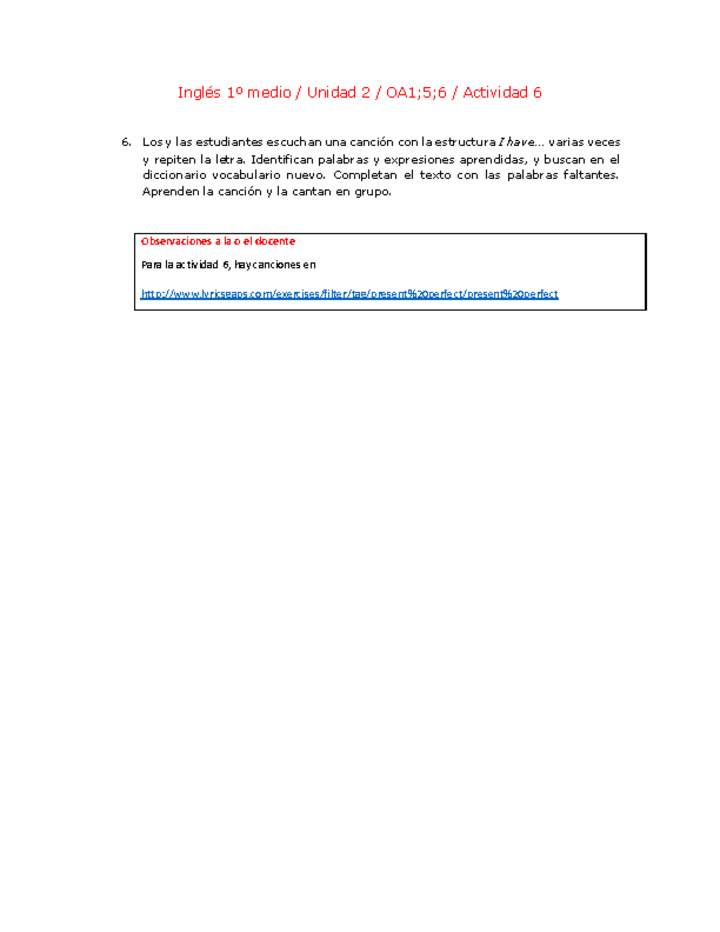 Inglés 1 medio-Unidad 2-OA1;5;6-Actividad 6 Inglés 1 medio-Unidad 2-OA1;5;6-Actividad 6